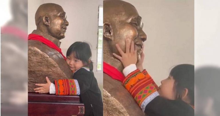 圖片說明：3歲女童一眼認出雕像是離世的爸爸。（圖／翻攝自微博）