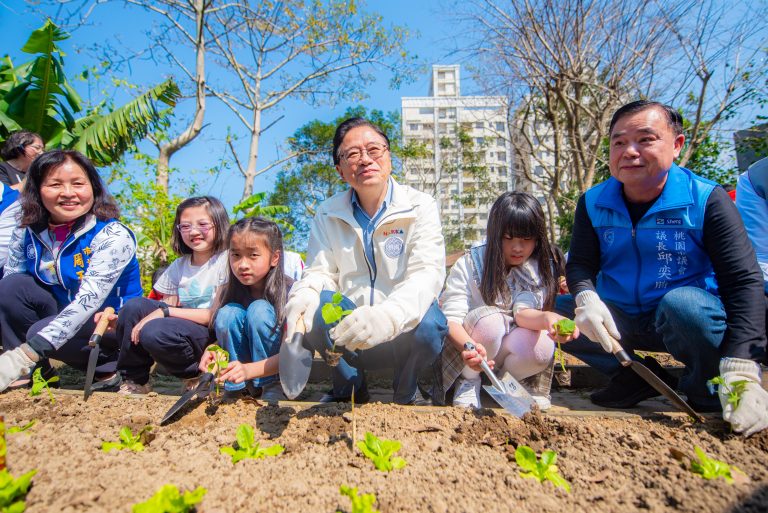 巿長張善政(中)與議長邱奕勝(右一)在桃園小農場體驗小黃瓜的種植樂趣。(圖/桃園巿政府提供)