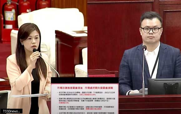洪婉臻（左）質疑市場改建有問題，陳俊安（右）承諾將會調查清楚。（翻攝自台北巿議會直播畫面）