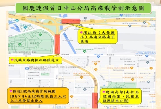 中山分局於112年10月7日自6至12時，將針對轄內國道1號圓山交流道包含民族東路與松江路匝道口、濱江街（大佳國小）高速公路南下匝道及建國高架(南往北建國高架、民權東路匝道出口前)實施高乘載管制。（記者薛秀蓮翻攝）