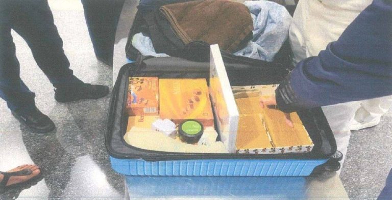 犯嫌以行李夾藏海洛因磚欲走私流入。(記者徐煜勝翻攝)