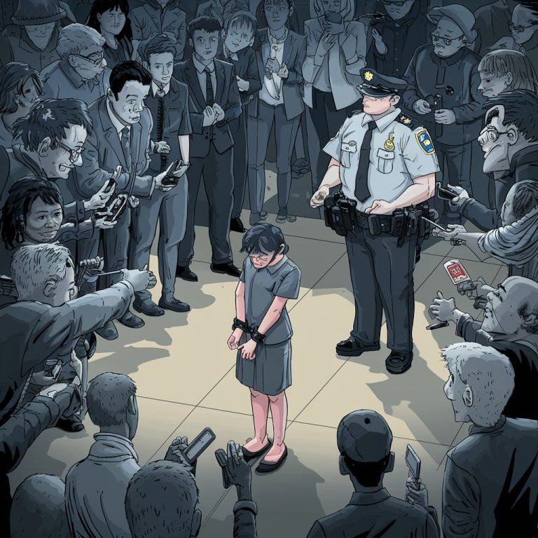 社工上手銬遭大批媒體記者拍攝AI示意圖。(記者張欽翻攝)