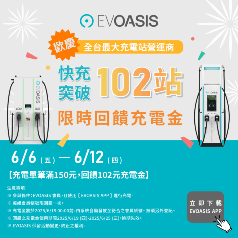 EVOASIS 全台快充站破 102 站！6/6–6/12 單筆充電滿 150 元送 102 元，全台會員限定回饋。（圖/EVOASIS提供）