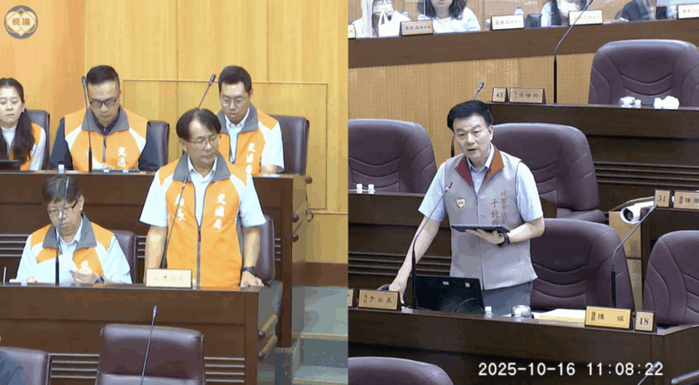 桃園市議員于北辰（右）、桃園市交通局長張新福（左）。（圖／桃園市議會議事錄影）