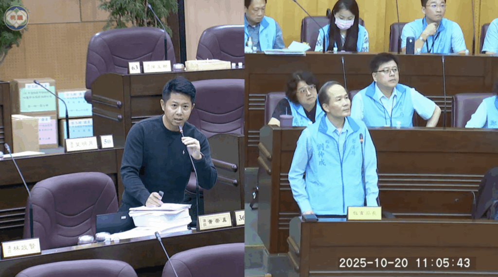 桃園市議員黃崇真（左）、桃園市教育局長劉仲成（右）。（圖／桃園市議會議事錄影）