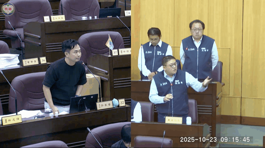 桃園市議員許家睿（左）、桃園市農業局長陳冠義（右）。（圖／桃園市議會議事錄影）